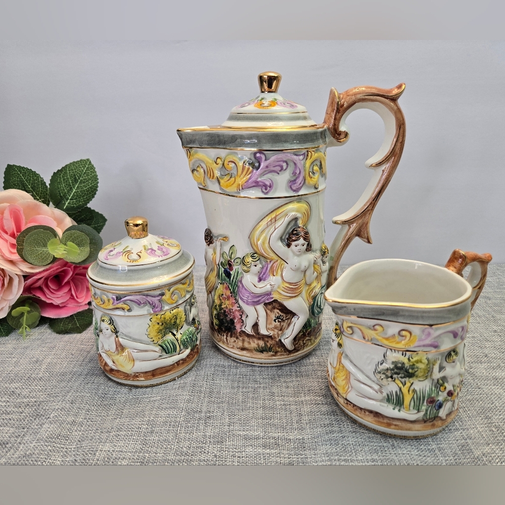 Vintage Elpa Alcobaca Cherubs Porcelain Coffee Tea Set Hand painted Portugal
